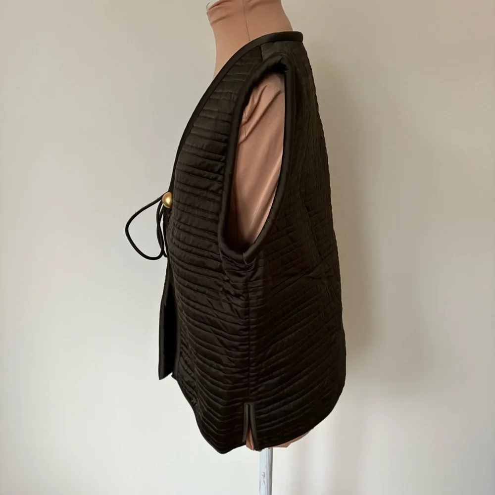 TORY BURCH Quilted Satin Midnight Green Golden Tie Closure Vest NWT Size 4